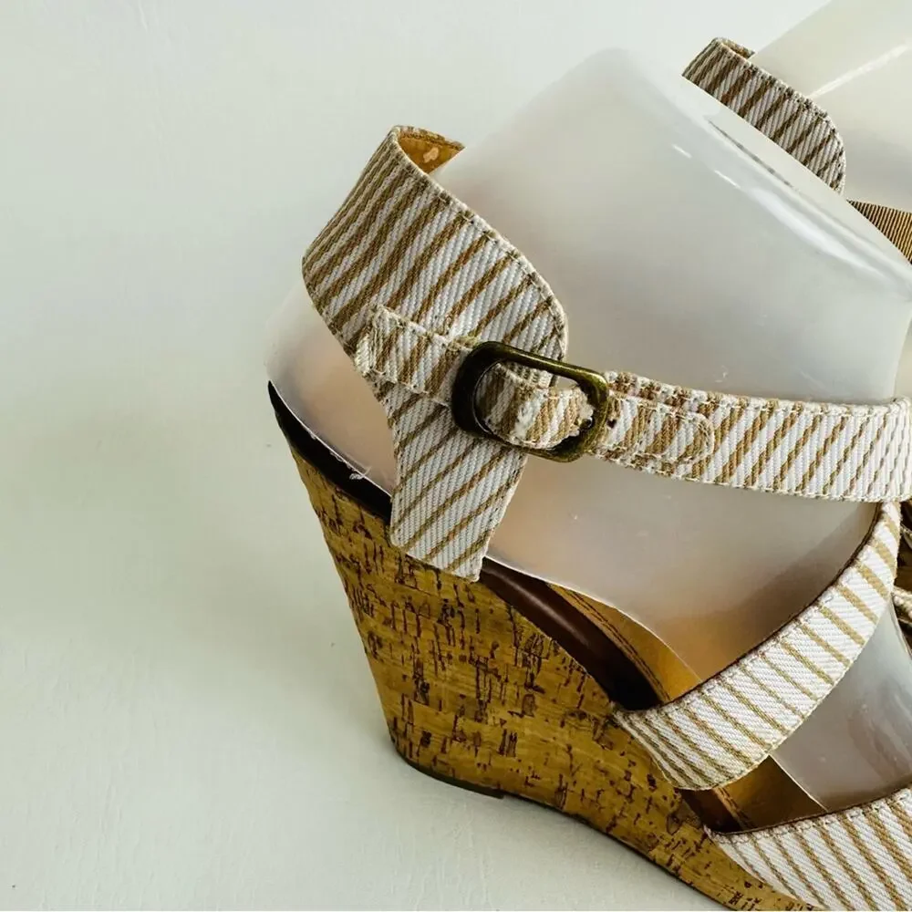 Chinese Laundry Women's Striped Strappy Wedge Sandals Cream Tan‎ Shoes Size 8.5